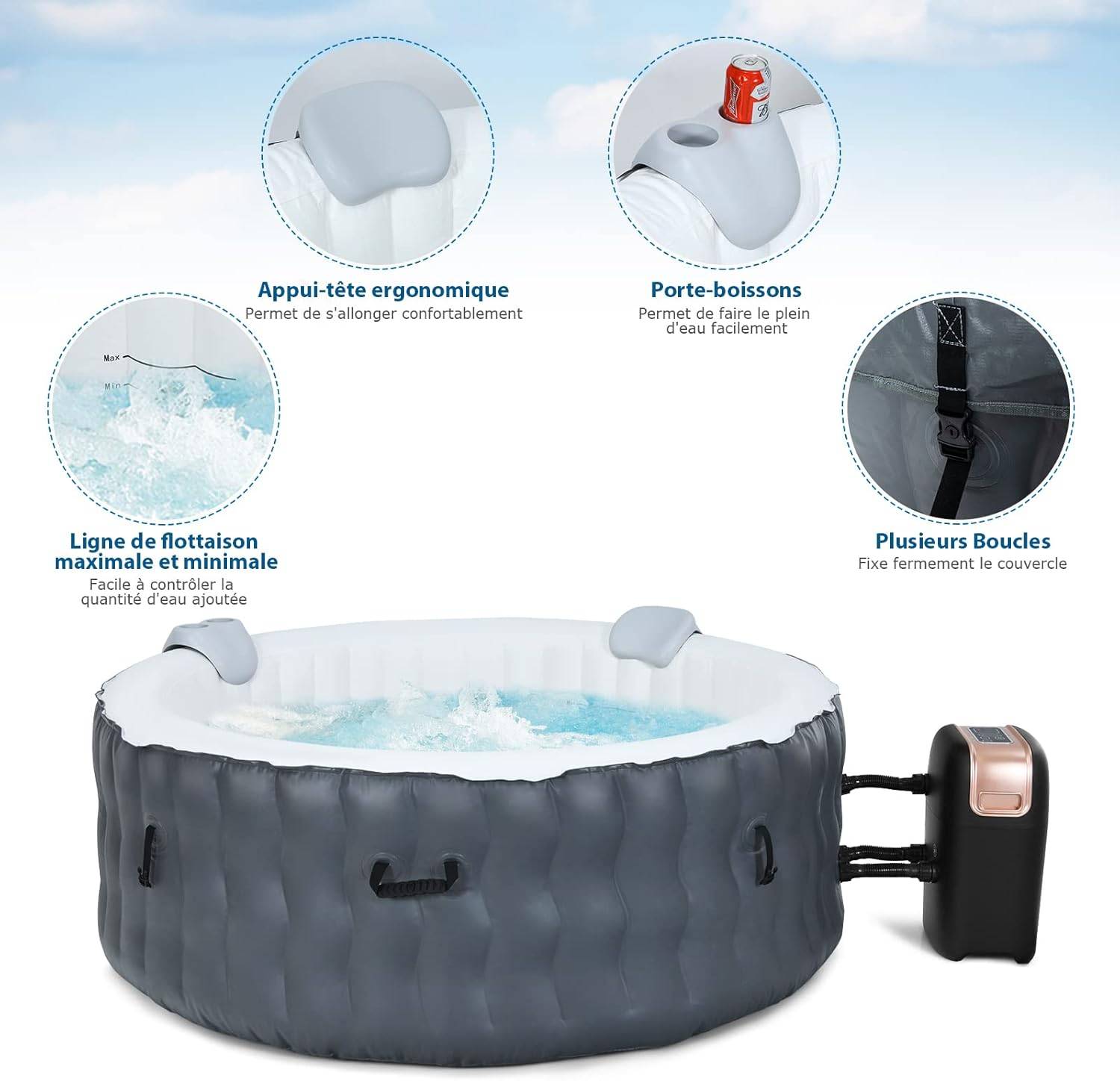 Spa gonflable avec appuie-tête, porte-gobelets, 180 x 68 cm, spa rond portable à 4 personnes gris - Image 2