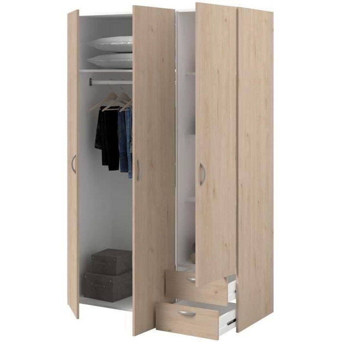 Armoire chambre Varia 3 portes battantes, 2 tiroirs, penderie, décor chêne et blanc - Parisot - Image 9