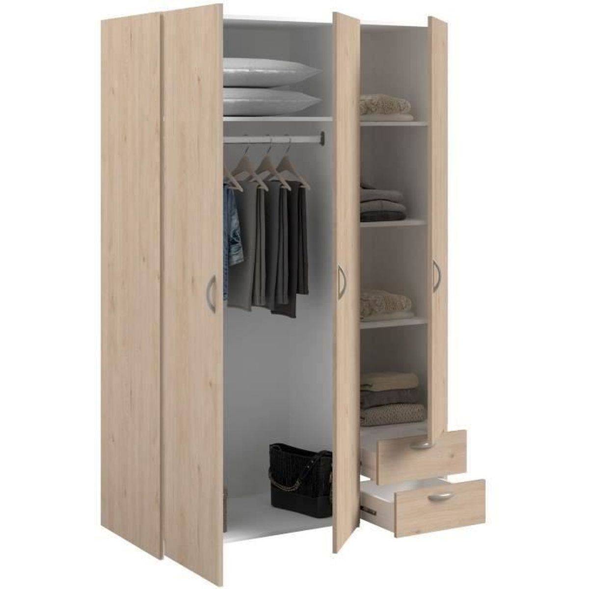 Armoire chambre Varia 3 portes battantes, 2 tiroirs, penderie, décor chêne et blanc - Parisot - Image 8