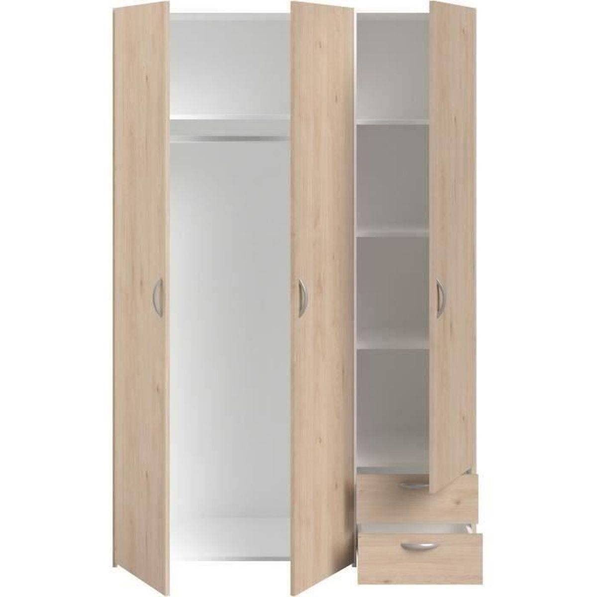 Armoire chambre Varia 3 portes battantes, 2 tiroirs, penderie, décor chêne et blanc - Parisot - Image 7