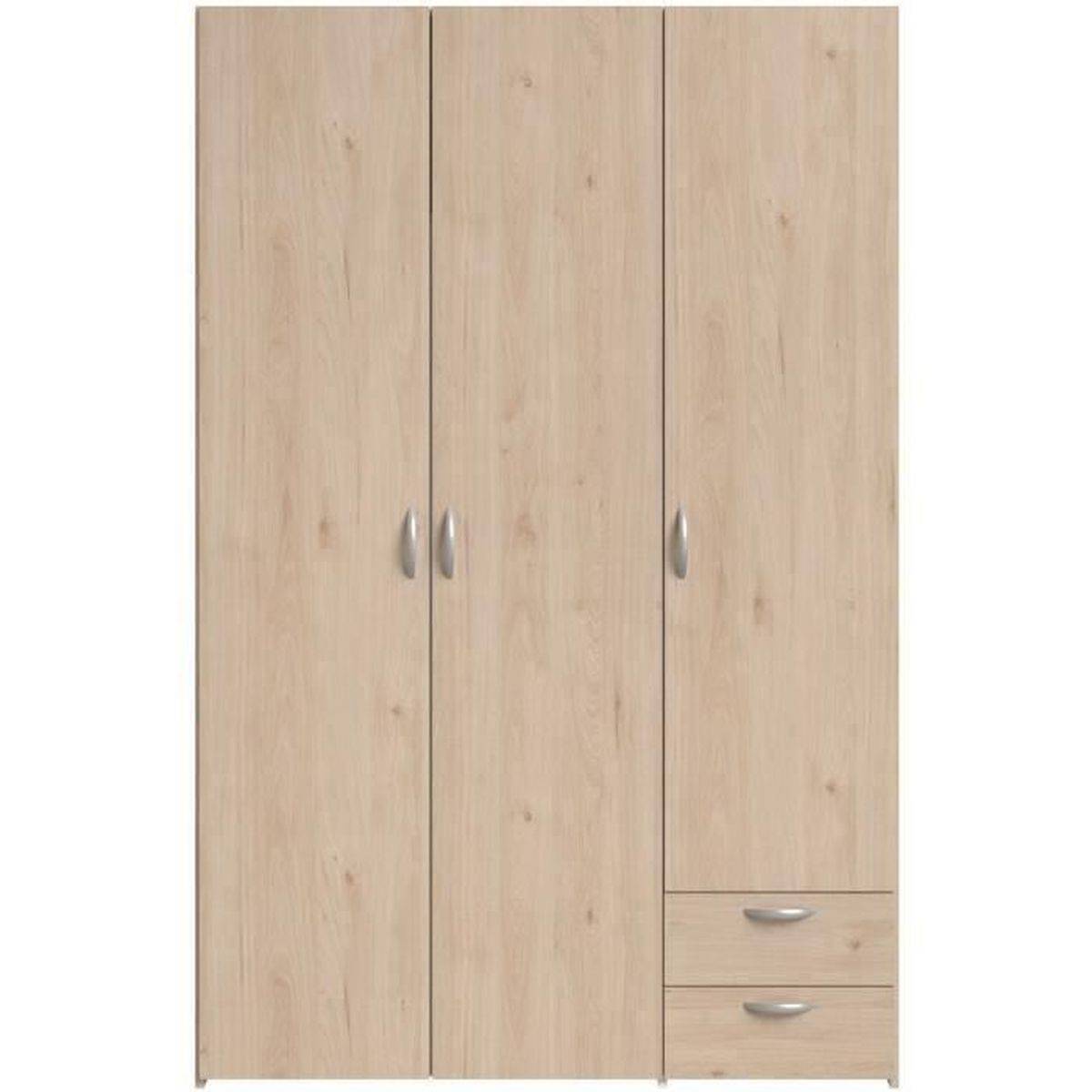 Armoire chambre Varia 3 portes battantes, 2 tiroirs, penderie, décor chêne et blanc - Parisot - Image 4