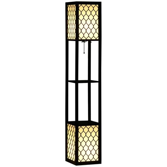 Lampadaire bois noir et blanc avec étagères interrupteur à chaînette 26 × 26 × 156 cm salon et chambre - Image 2
