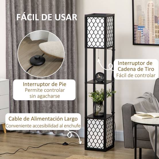 Lampadaire bois noir et blanc avec étagères interrupteur à chaînette 26 × 26 × 156 cm salon et chambre - Image 8