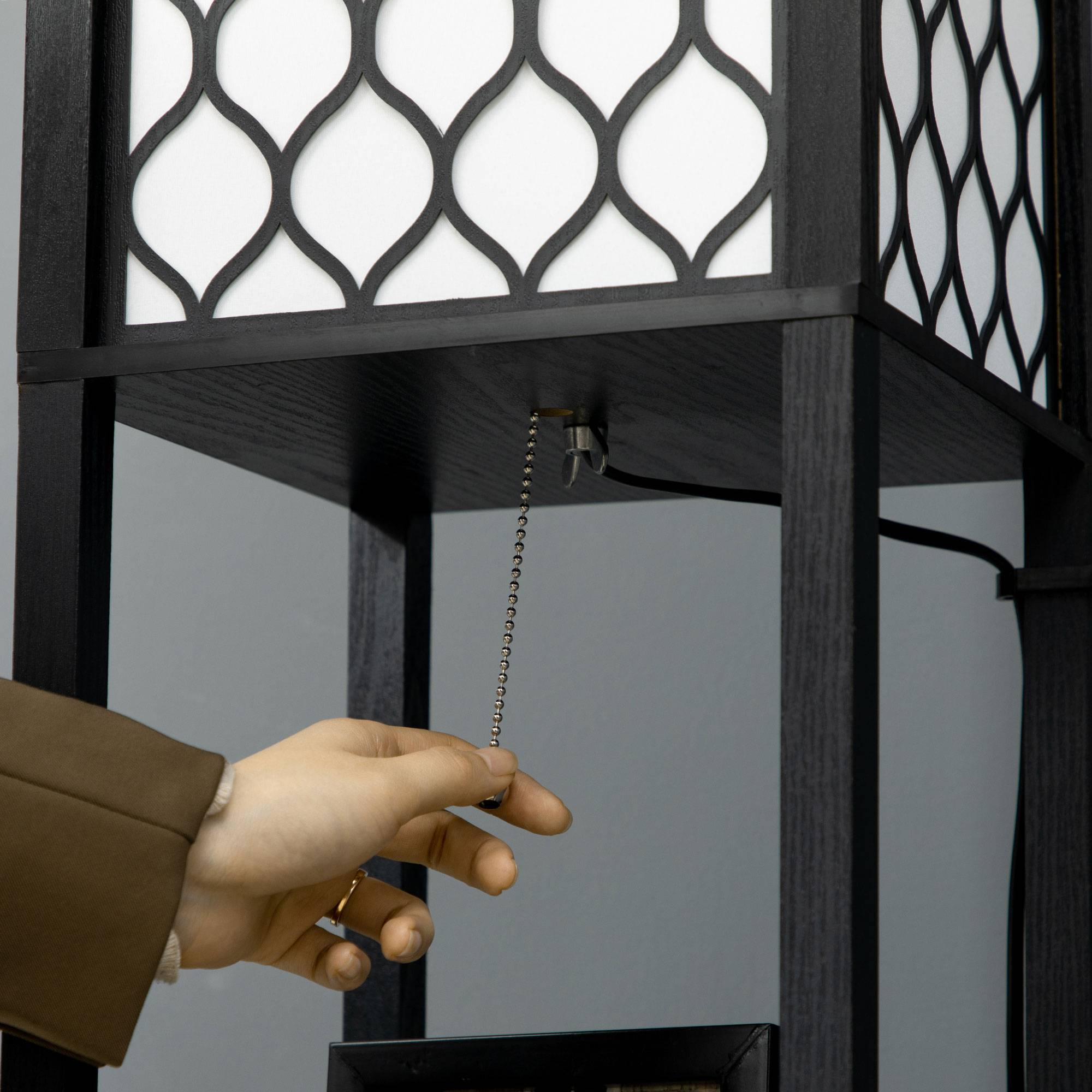 Lampadaire bois noir et blanc avec étagères interrupteur à chaînette 26 × 26 × 156 cm salon et chambre - Image 10