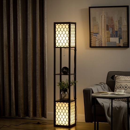 Lampadaire bois noir et blanc avec étagères interrupteur à chaînette 26 × 26 × 156 cm salon et chambre - Image 3