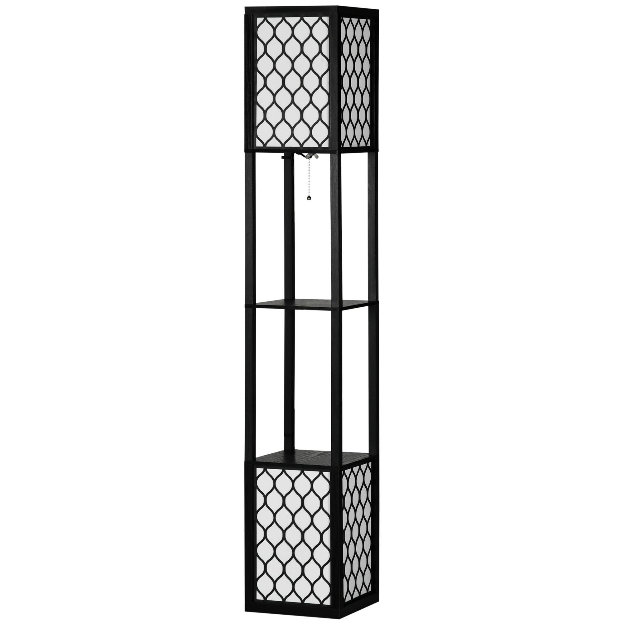 Lampadaire bois noir et blanc avec étagères interrupteur à chaînette 26 × 26 × 156 cm salon et chambre - Image 1