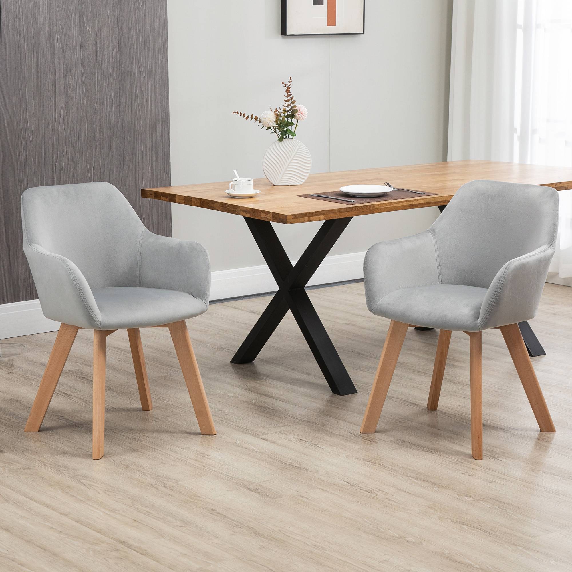 Lot de 2 chaises de salle à manger Fauteuil Assise rembourrée en tissu effet velours Pieds en bois, gris - Image 4