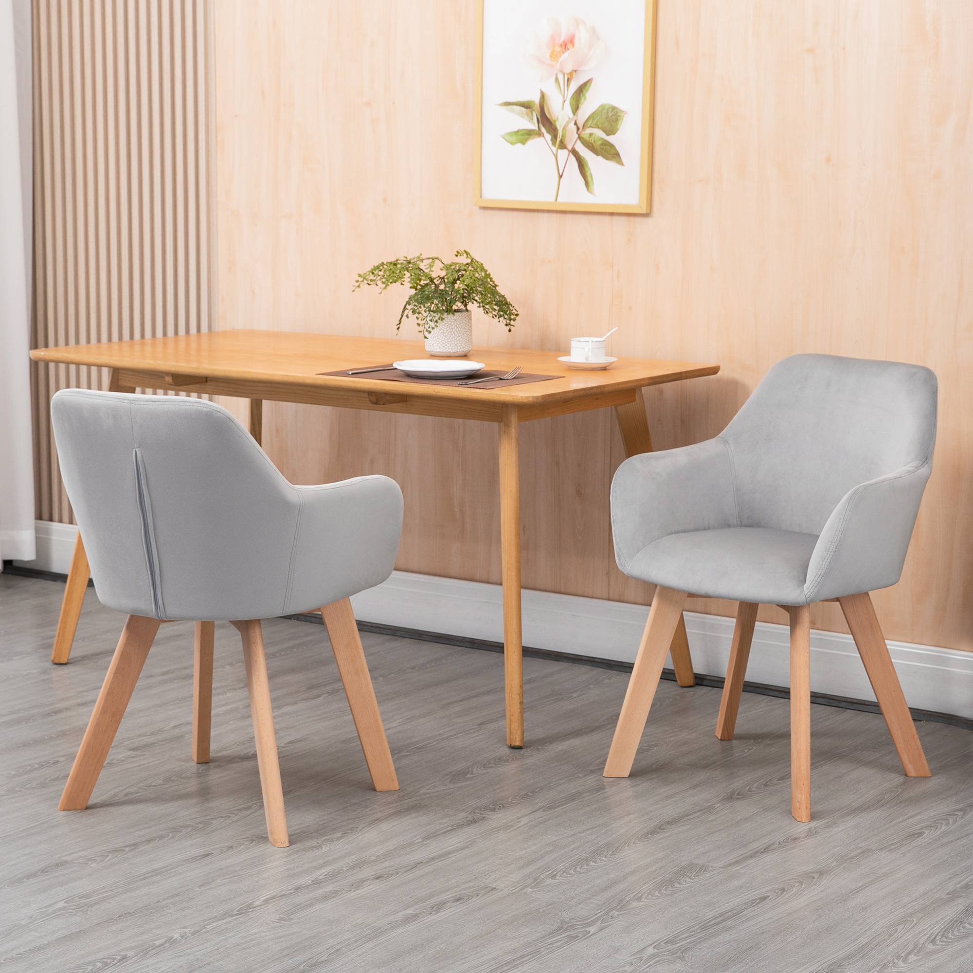 Lot de 2 chaises de salle à manger Fauteuil Assise rembourrée en tissu effet velours Pieds en bois, gris - Image 3