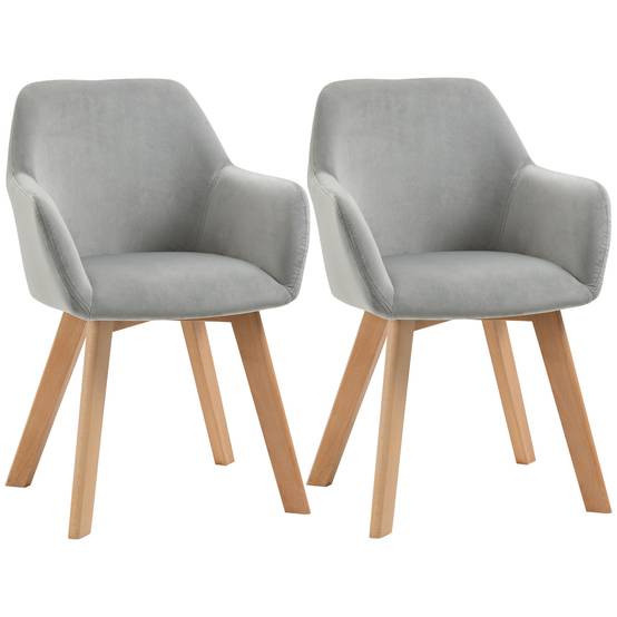 Lot de 2 chaises de salle à manger Fauteuil Assise rembourrée en tissu effet velours Pieds en bois, gris - Image 1