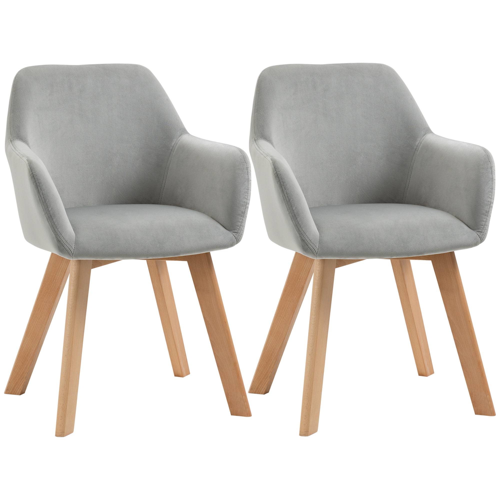 Lot de 2 chaises de salle à manger Fauteuil Assise rembourrée en tissu effet velours Pieds en bois, gris - Image 1