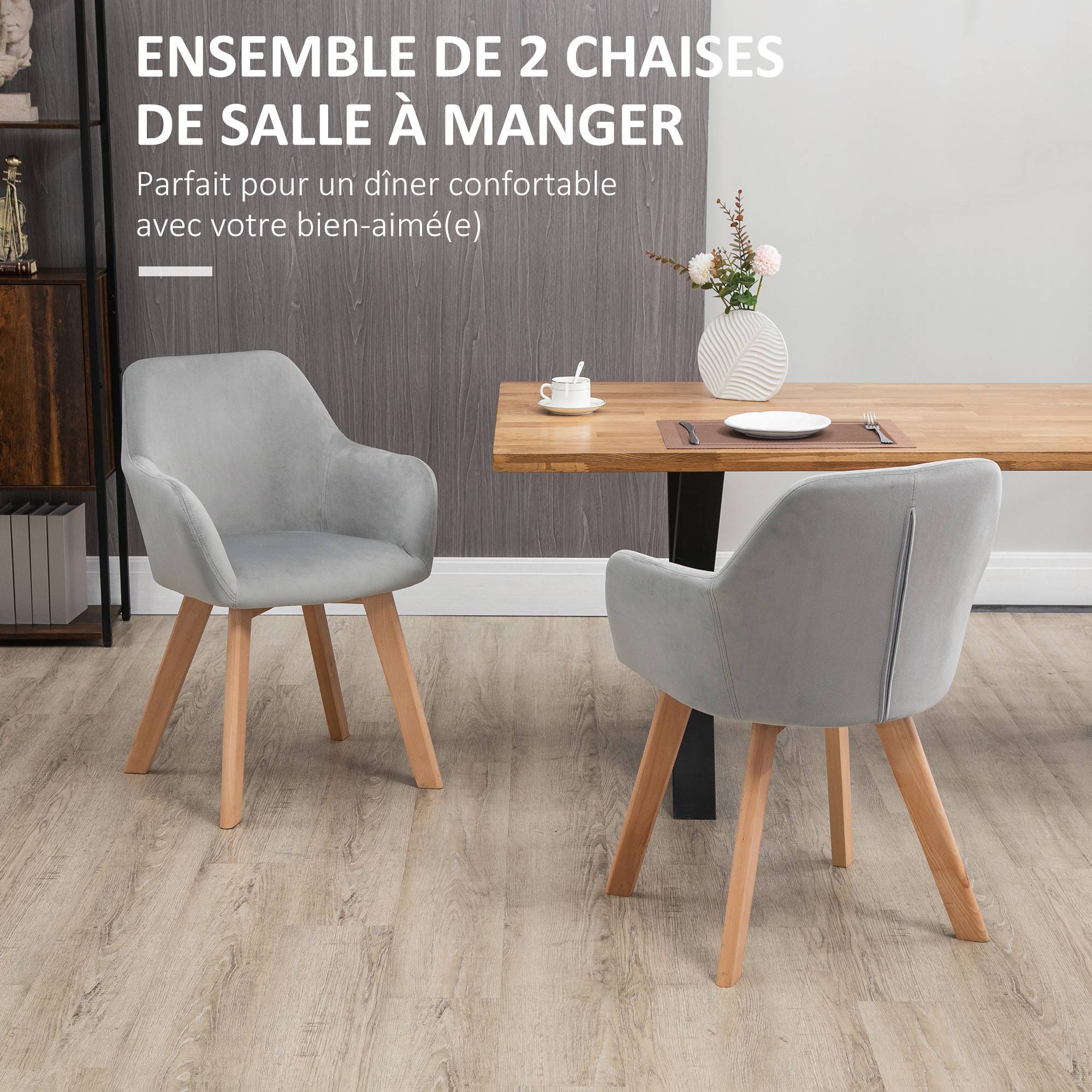 Lot de 2 chaises de salle à manger Fauteuil Assise rembourrée en tissu effet velours Pieds en bois, gris - Image 6