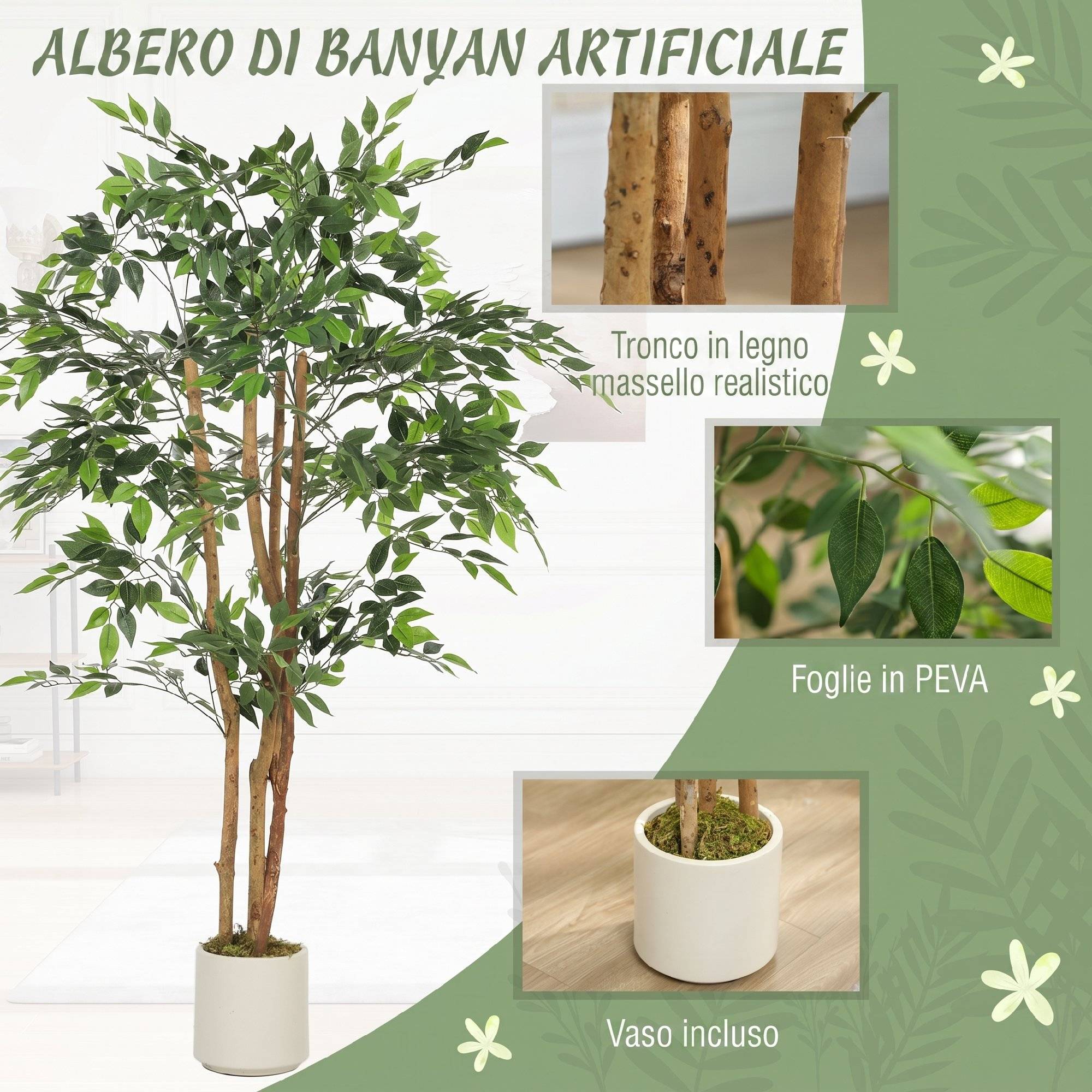 Banian artificiel PEVA/bois, branches orientables, pot blanc PP/ciment - Image 6
