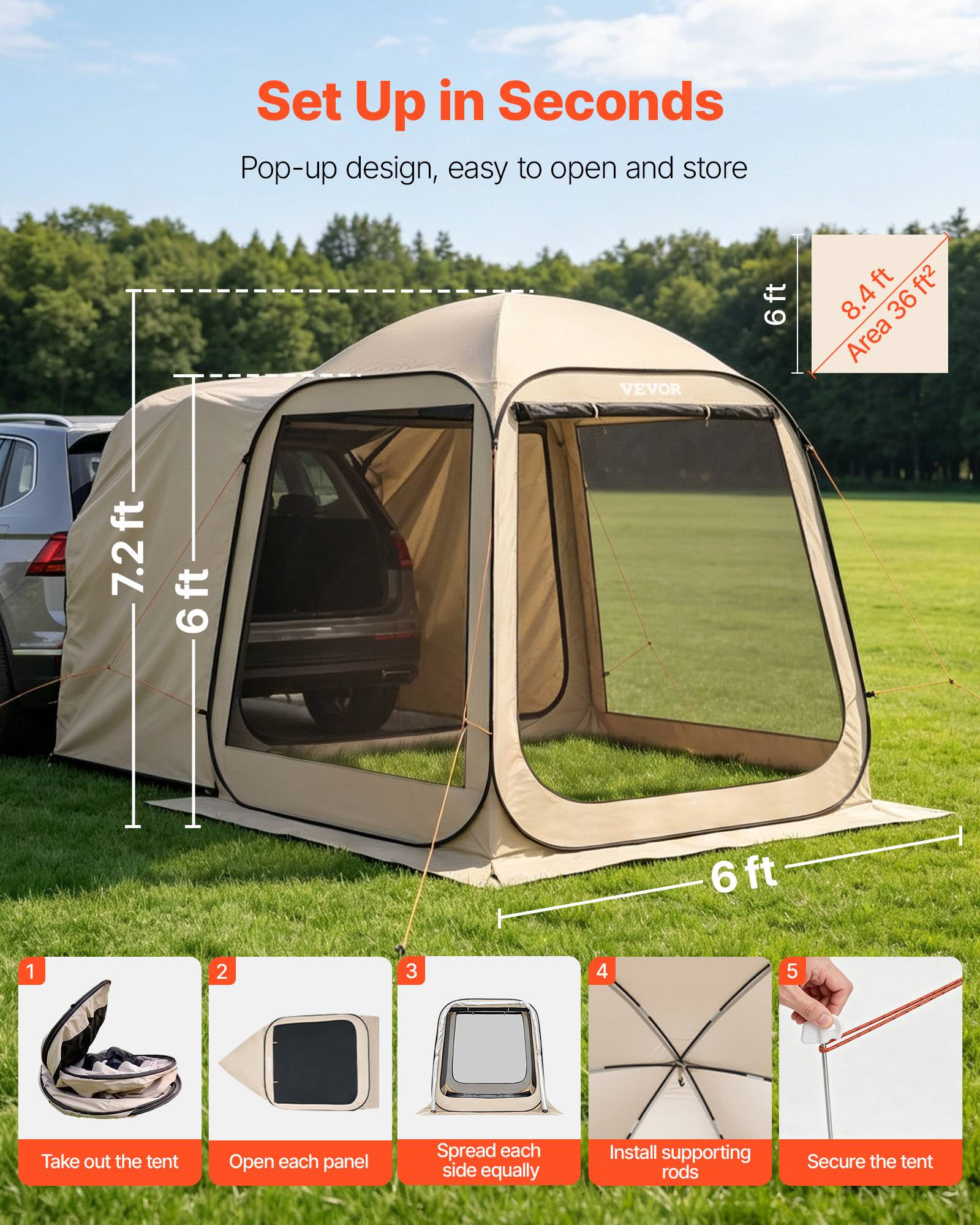 Vevor - VEVOR Tente moustiquaire hayon 182,5x182,5x220 cm - Abri arrière SUV 4-6 personnes, pop-up, imperméable, sac de transport, beige. - Image 2
