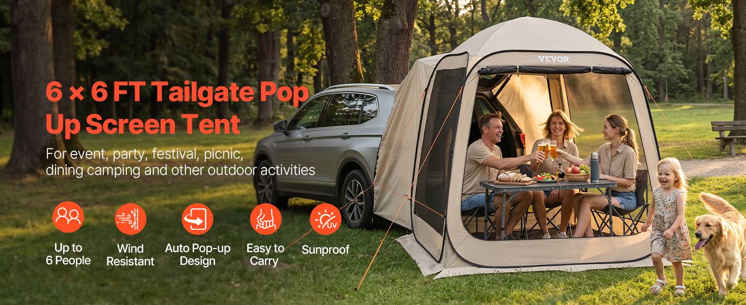 Vevor - VEVOR Tente moustiquaire hayon 182,5x182,5x220 cm - Abri arrière SUV 4-6 personnes, pop-up, imperméable, sac de transport, beige. - Image 9