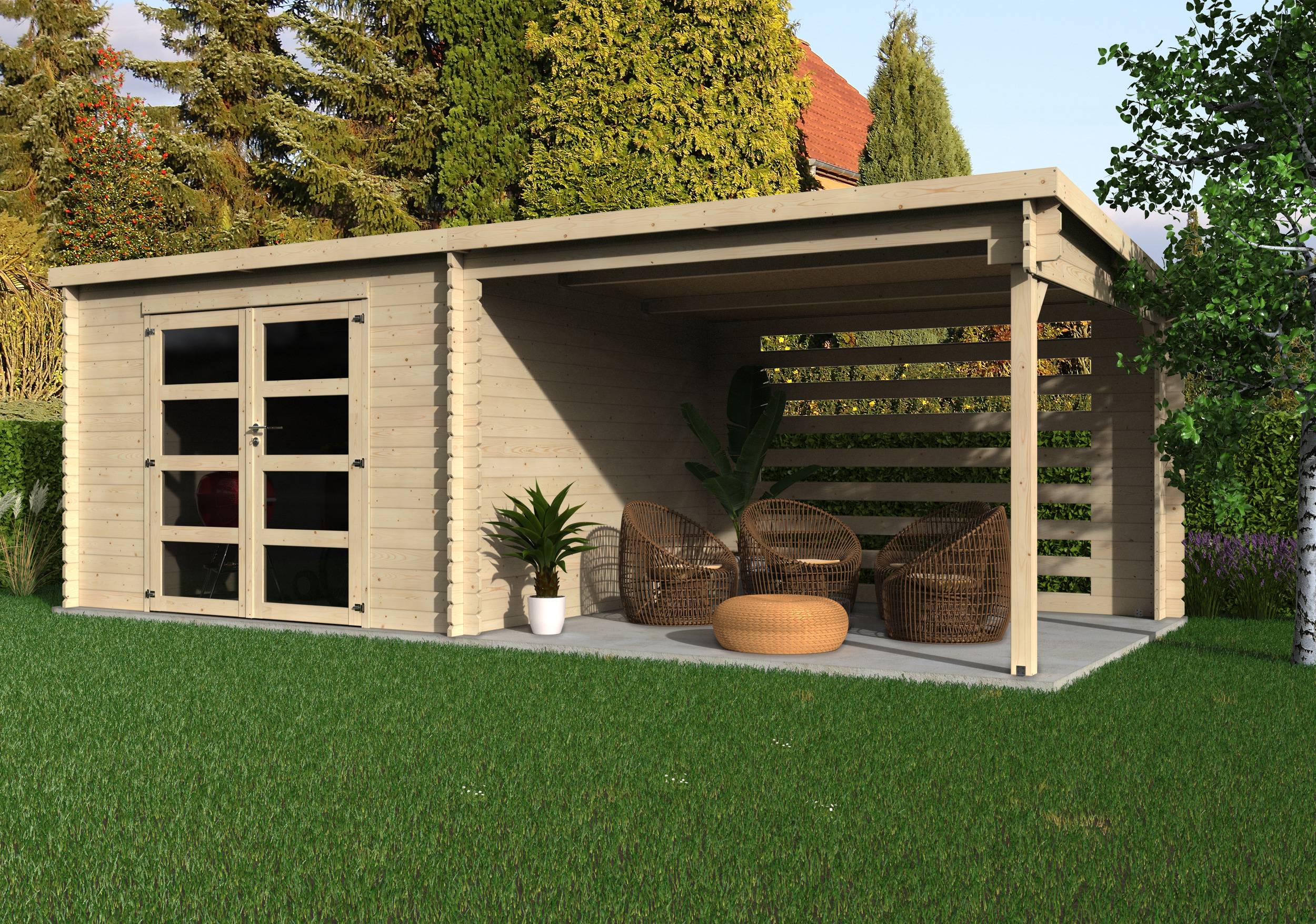 Decor et Jardin - Abri de jardin bois avec auvent toit plat 18m² Fuji - Épaisseur : 28 mm -  Couleur : Naturel - Décor et Jardin