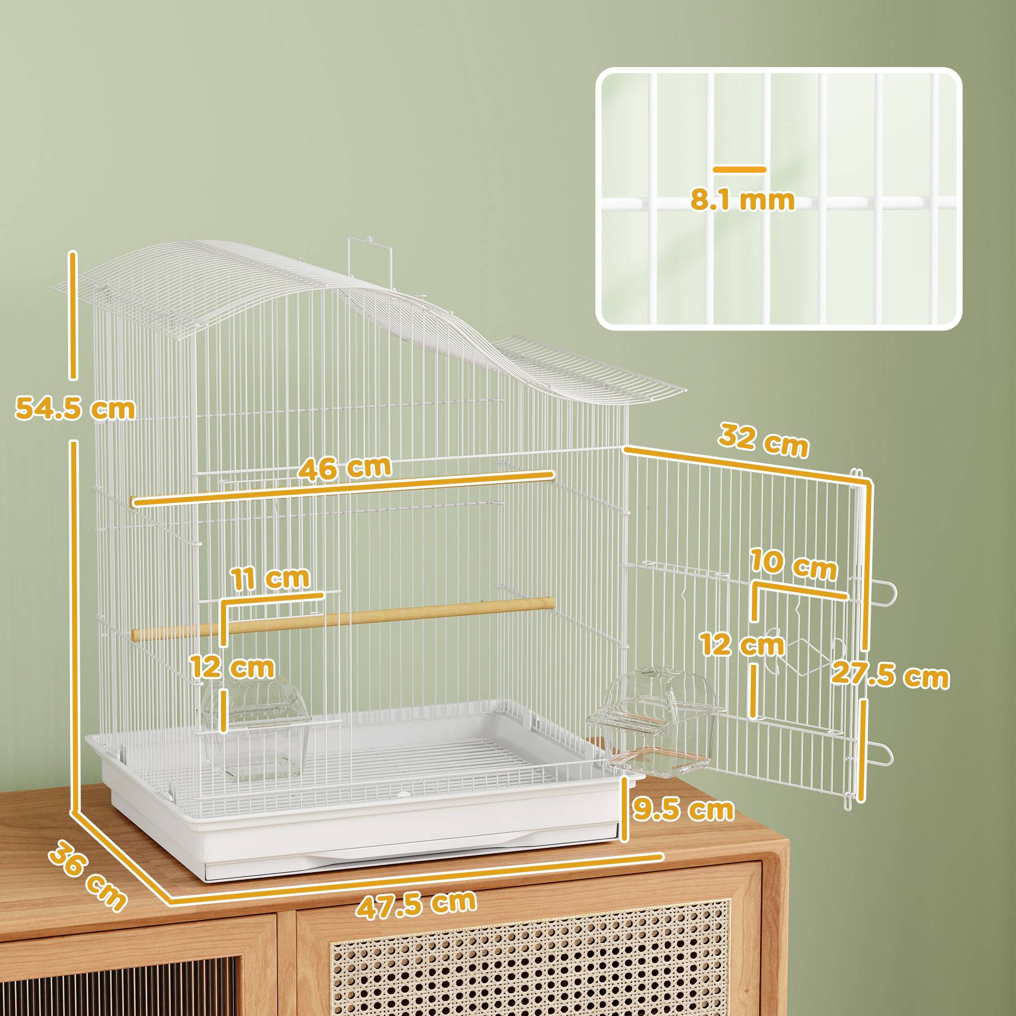 Cage à oiseaux à 4 portes avec 2 bols, 2 perchoirs et plateau, métal et plastique, 47,5x36x54,5 cm, blanche - Image 5