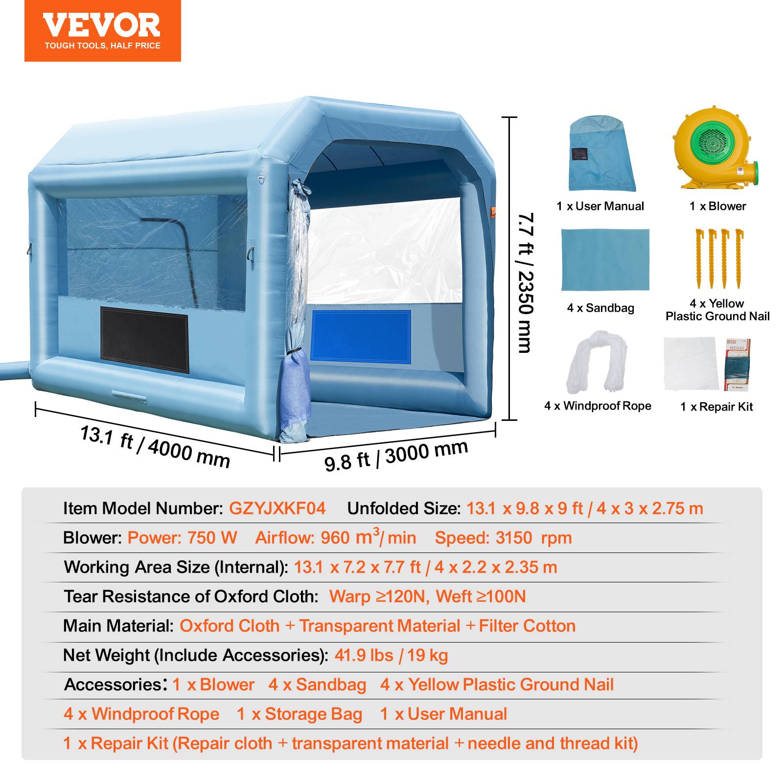 Vevor - VEVOR Cabine peinture gonflable 4x3x2.75m, souffleurs 750W avec filtration, station de travail atelier. - Image 7