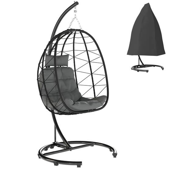 Fauteuil suspendu acier résine tressée gris foncé 102 x 102 x 195 cm - PANGIVO - Image 1