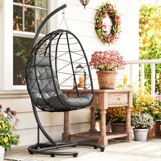 Fauteuil suspendu acier résine tressée gris foncé 102 x 102 x 195 cm - PANGIVO - Image 4