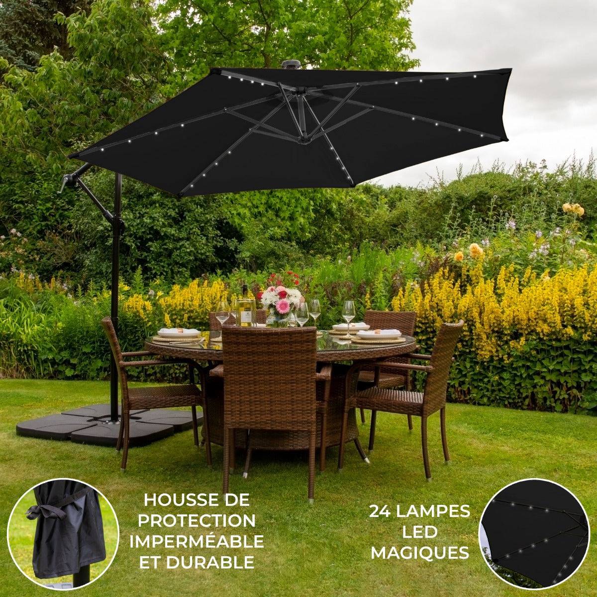 Monstershop - Parasol Noir 3m avec LED's Intégrés avec Base Carrée - Imagen 2