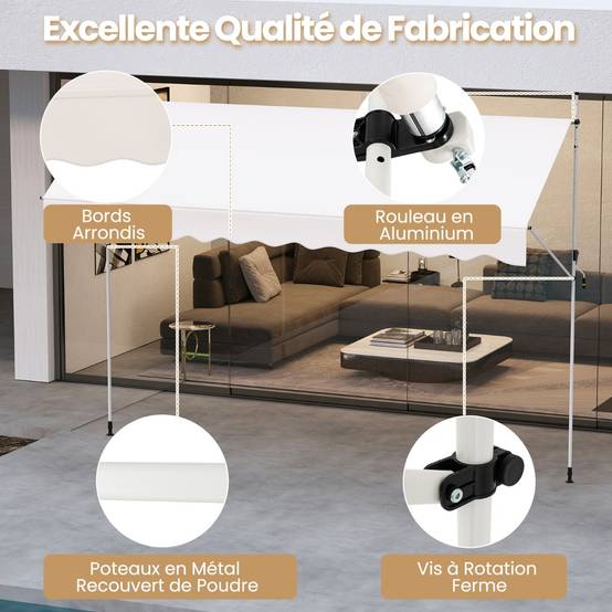 Store Banne Manuel Rétractable 400cmx210-300cm Auvent Pare-Soleil Réglable avec Manivelle Blanc - Image 7