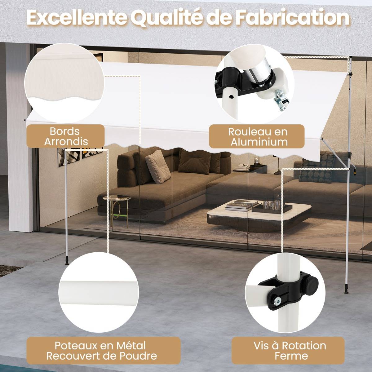 Store Banne Manuel Rétractable 400cmx210-300cm Auvent Pare-Soleil Réglable avec Manivelle Blanc - Image 7