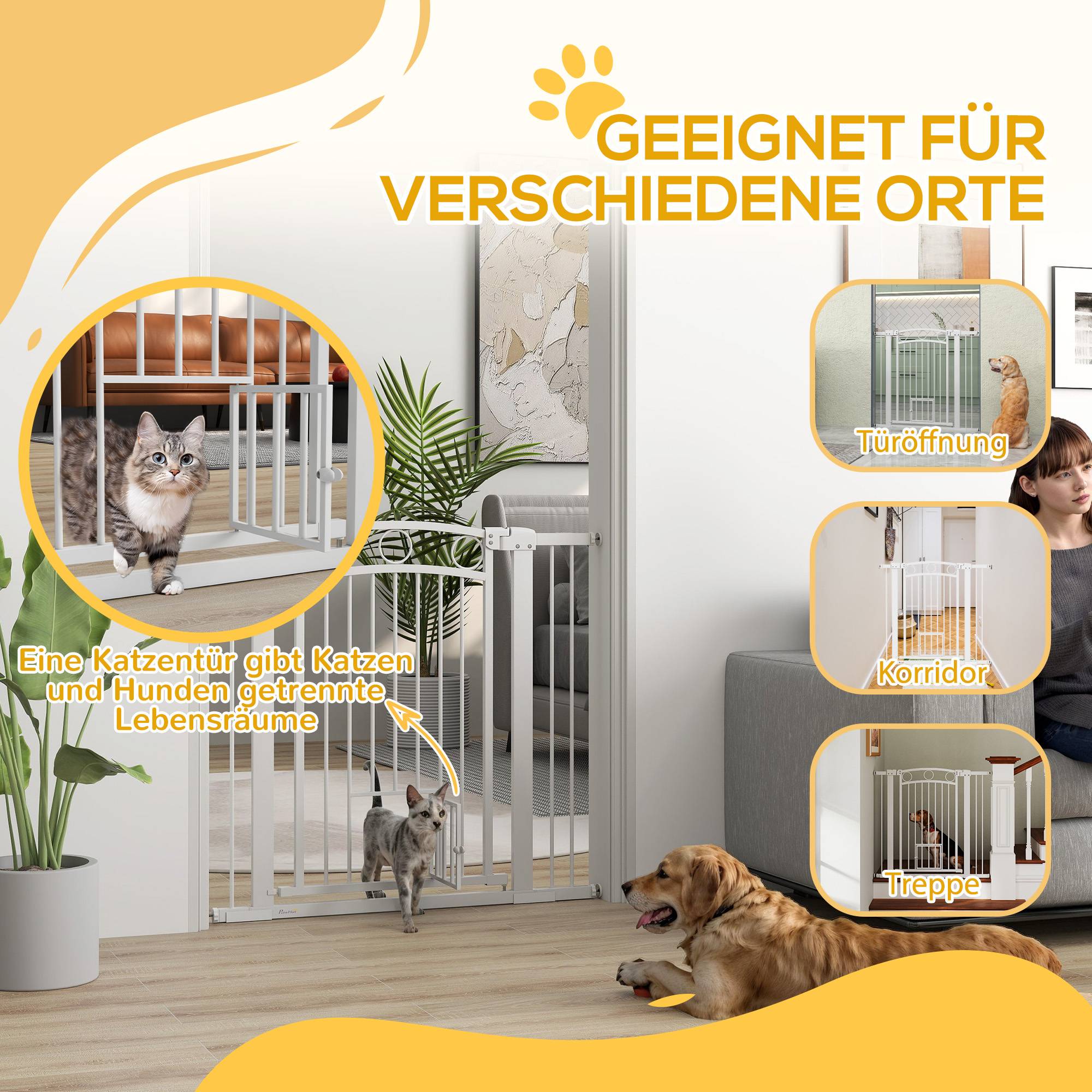 Porte pour animal, barrière escalier 96 cm, largeur réglable 76-104 cm, avec chatière, blanc - Image 9