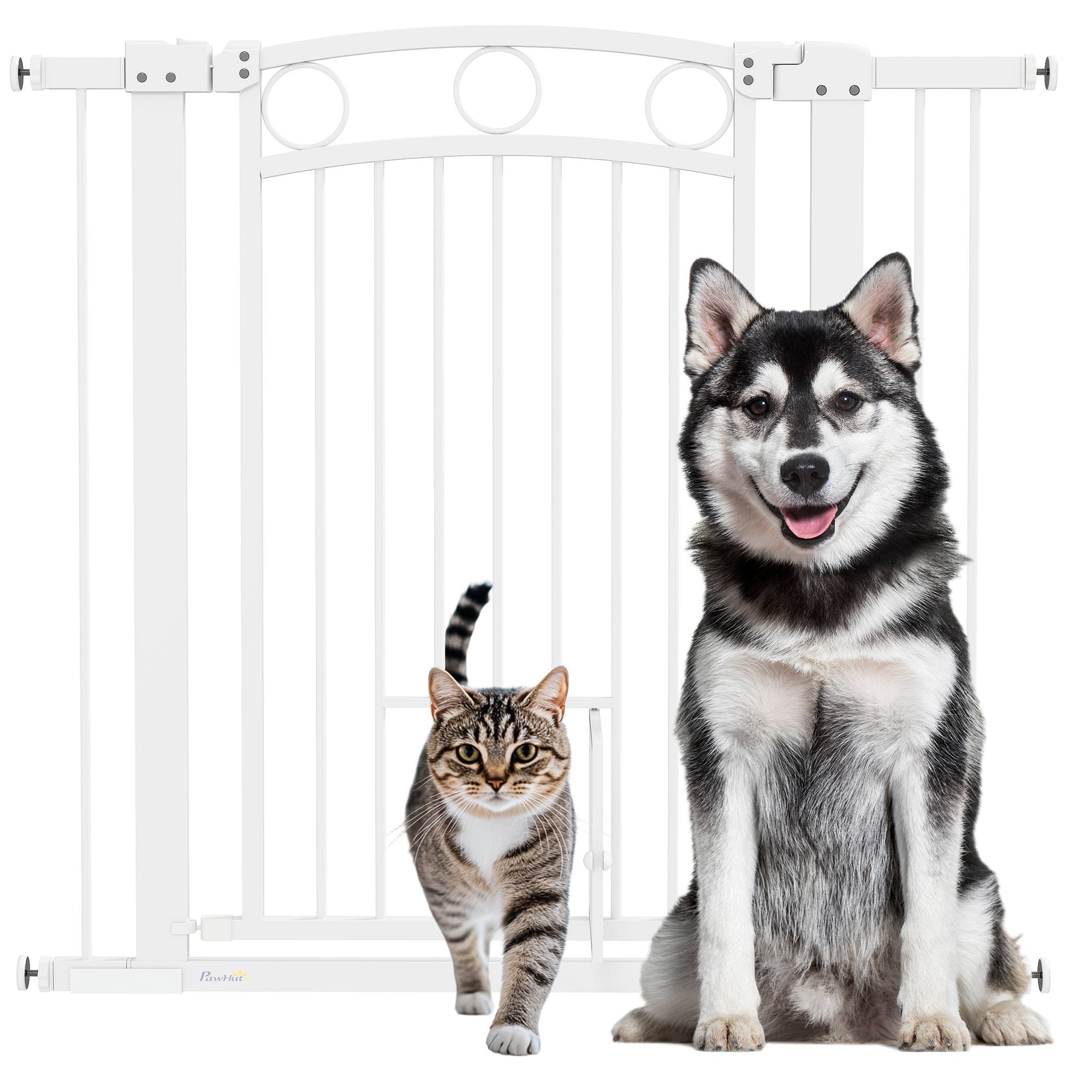 Porte pour animal, barrière escalier 96 cm, largeur réglable 76-104 cm, avec chatière, blanc - Image 1