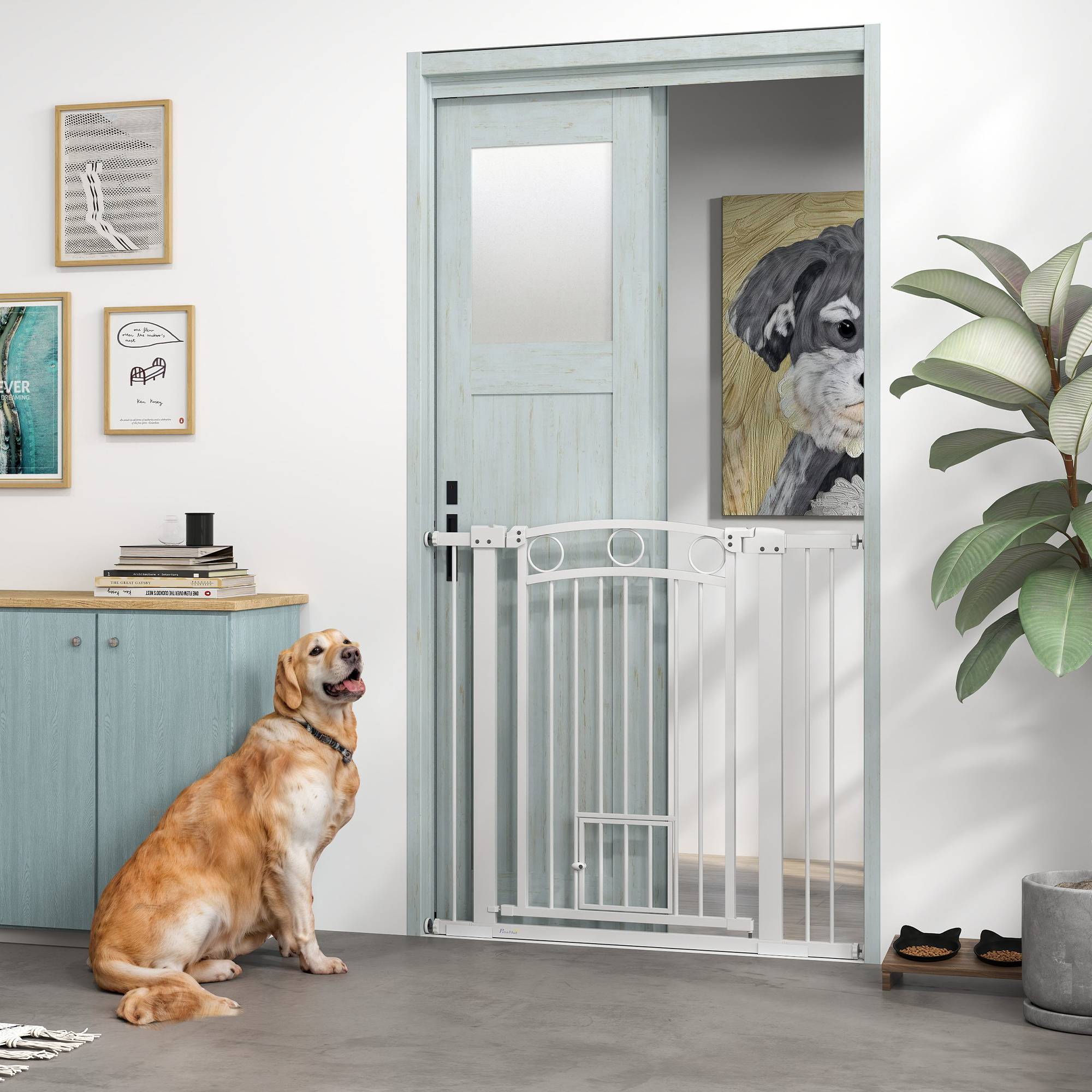 Porte pour animal, barrière escalier 96 cm, largeur réglable 76-104 cm, avec chatière, blanc - Image 4