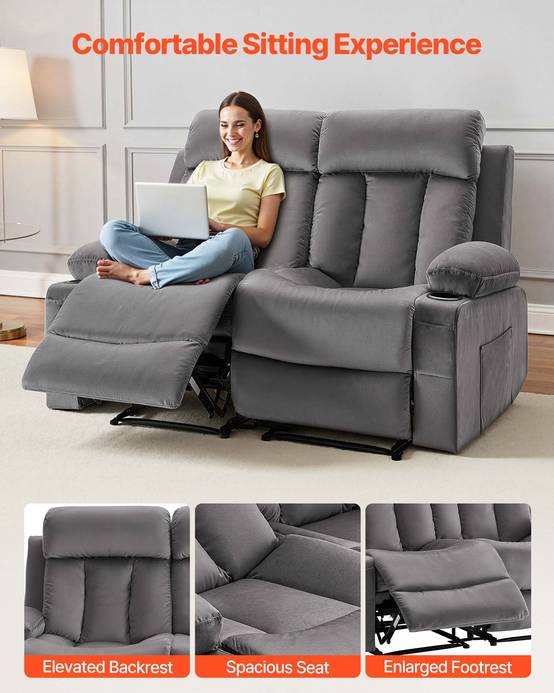 Vevor - VEVOR Canapé inclinable électrique 2 places, velours, massage et chauffage lombaire, ports USB et porte-gobelets, gris. - Image 5
