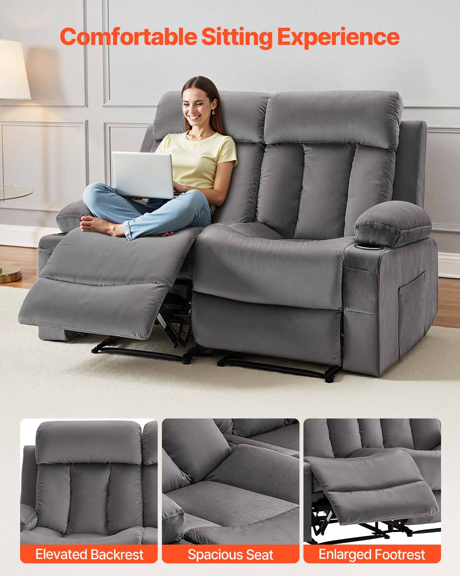 Vevor - VEVOR Canapé inclinable électrique 2 places, velours, massage et chauffage lombaire, ports USB et porte-gobelets, gris. - Image 5