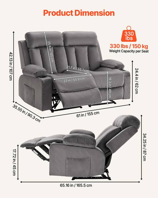 Vevor - VEVOR Canapé inclinable électrique 2 places, velours, massage et chauffage lombaire, ports USB et porte-gobelets, gris. - Image 3