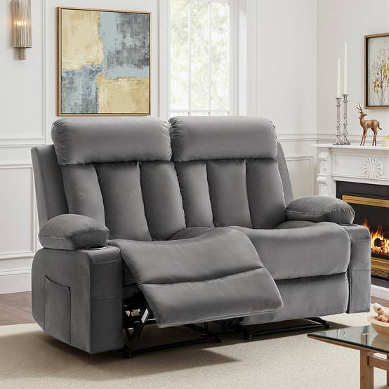 Vevor - VEVOR Canapé inclinable électrique 2 places, velours, massage et chauffage lombaire, ports USB et porte-gobelets, gris. - Image 8