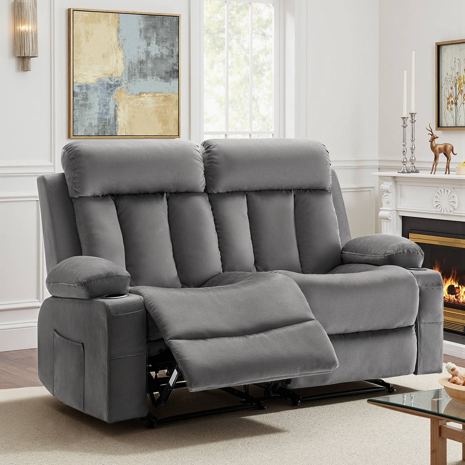 Vevor - VEVOR Canapé inclinable électrique 2 places, velours, massage et chauffage lombaire, ports USB et porte-gobelets, gris. - Image 8