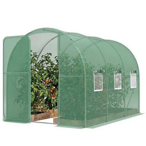 Serre tunnel de jardin 6m², serre de jardin tunnel 200x300x200cm porte et 6 fenêtres, bâche PE 140 g/m² vert - Image 2