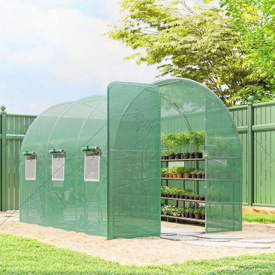 Serre tunnel de jardin 6m², serre de jardin tunnel 200x300x200cm porte et 6 fenêtres, bâche PE 140 g/m² vert - Image 4