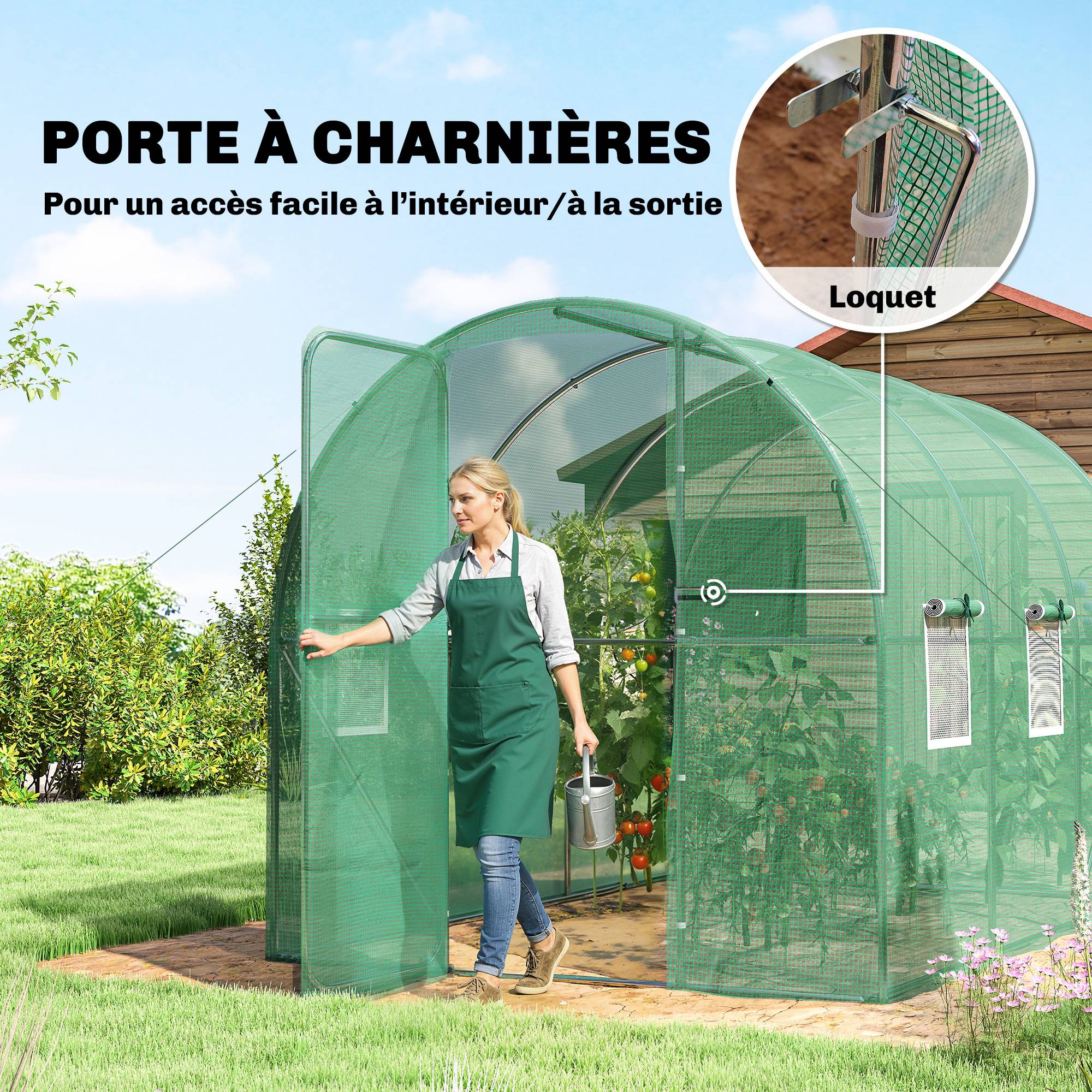 Serre tunnel de jardin 6m², serre de jardin tunnel 200x300x200cm porte et 6 fenêtres, bâche PE 140 g/m² vert - Image 7