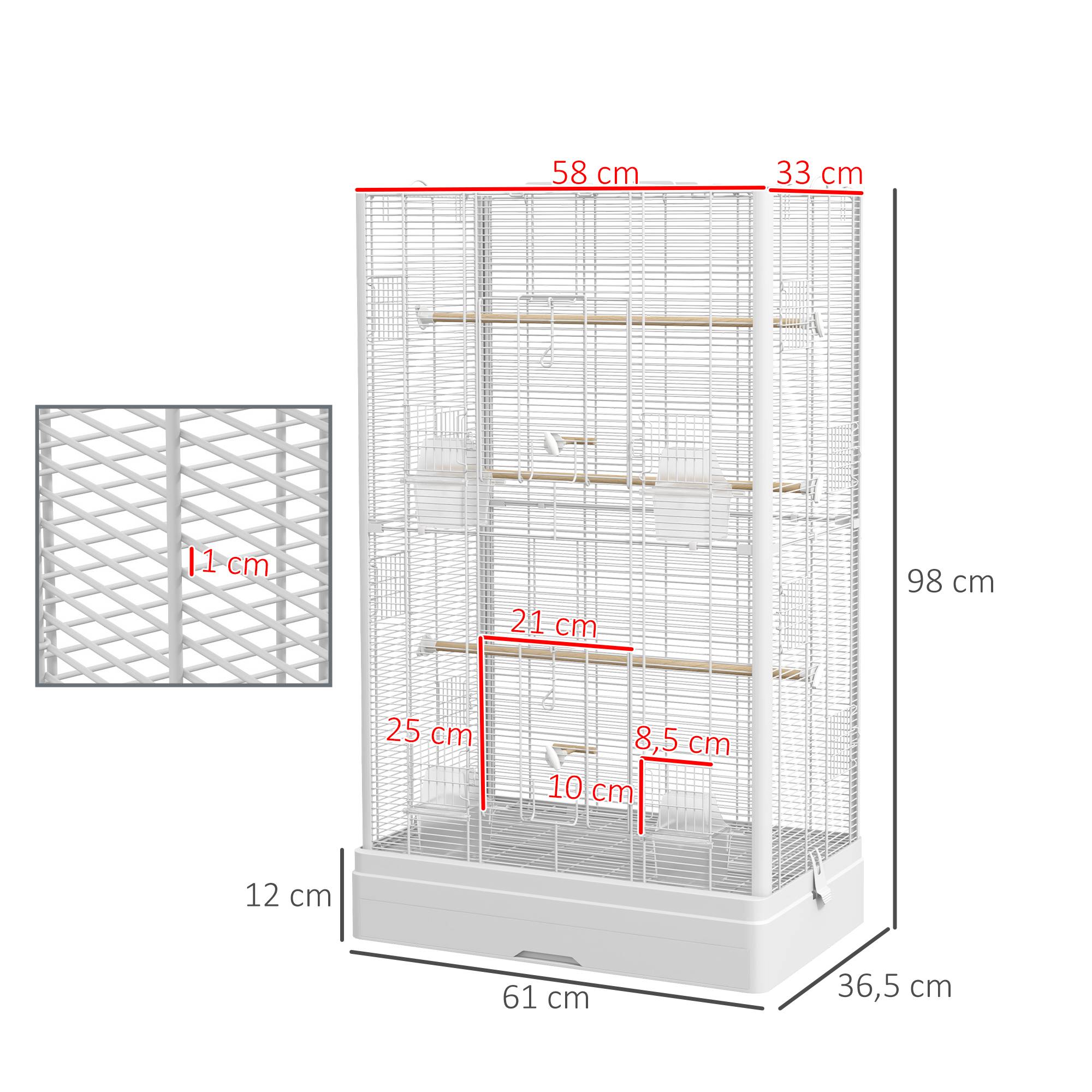 Pawhut - Cage à oiseaux volière avec portes perchoirs - 61 x 36,5 x 98 cm - blanc - Image 3