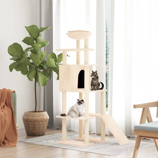 Arbre à chat bois et peluche crème 80 x 60 x 166 cm - PANGIVO - Image 1