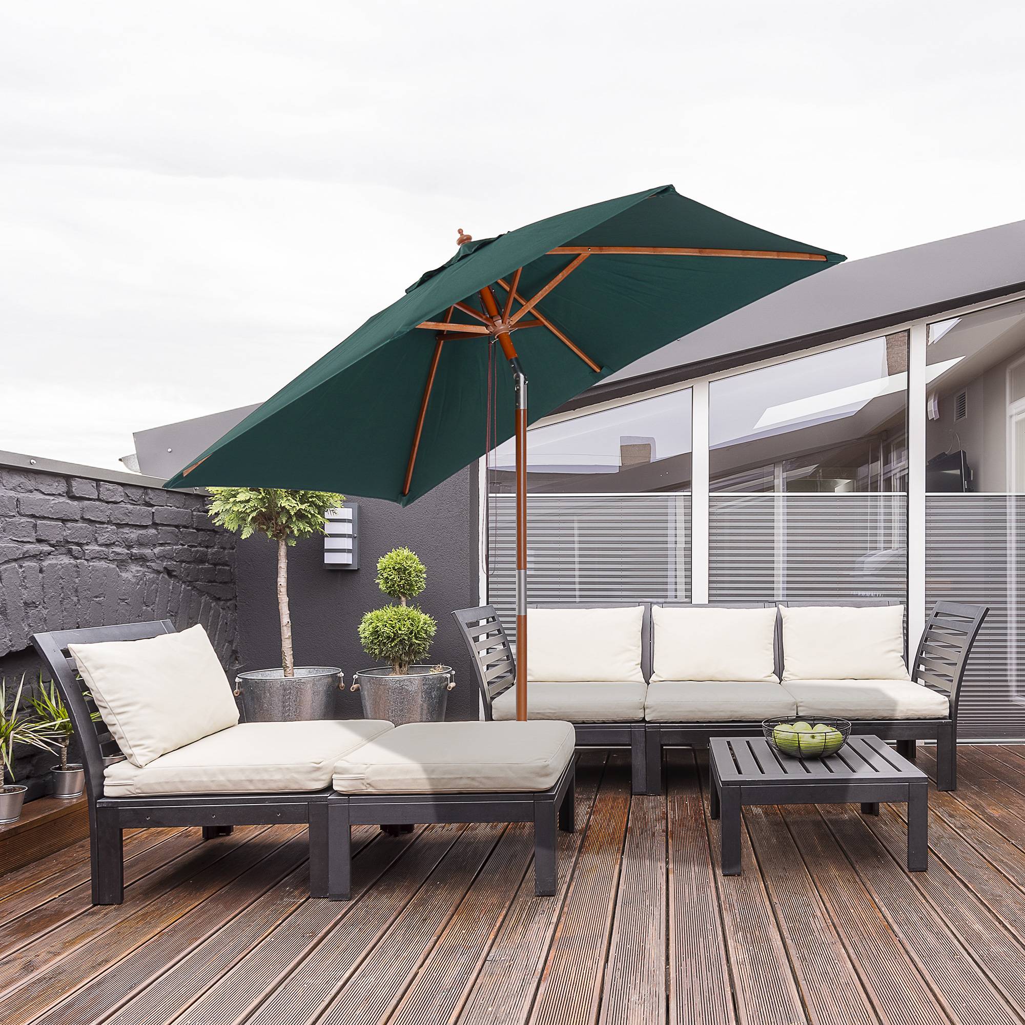 Parasol de terrasse rectangulaire 200 x 150 cm avec mât en bois à angle réglable et manivelle, vert, idéal pour patio et terrasse. - Image 4