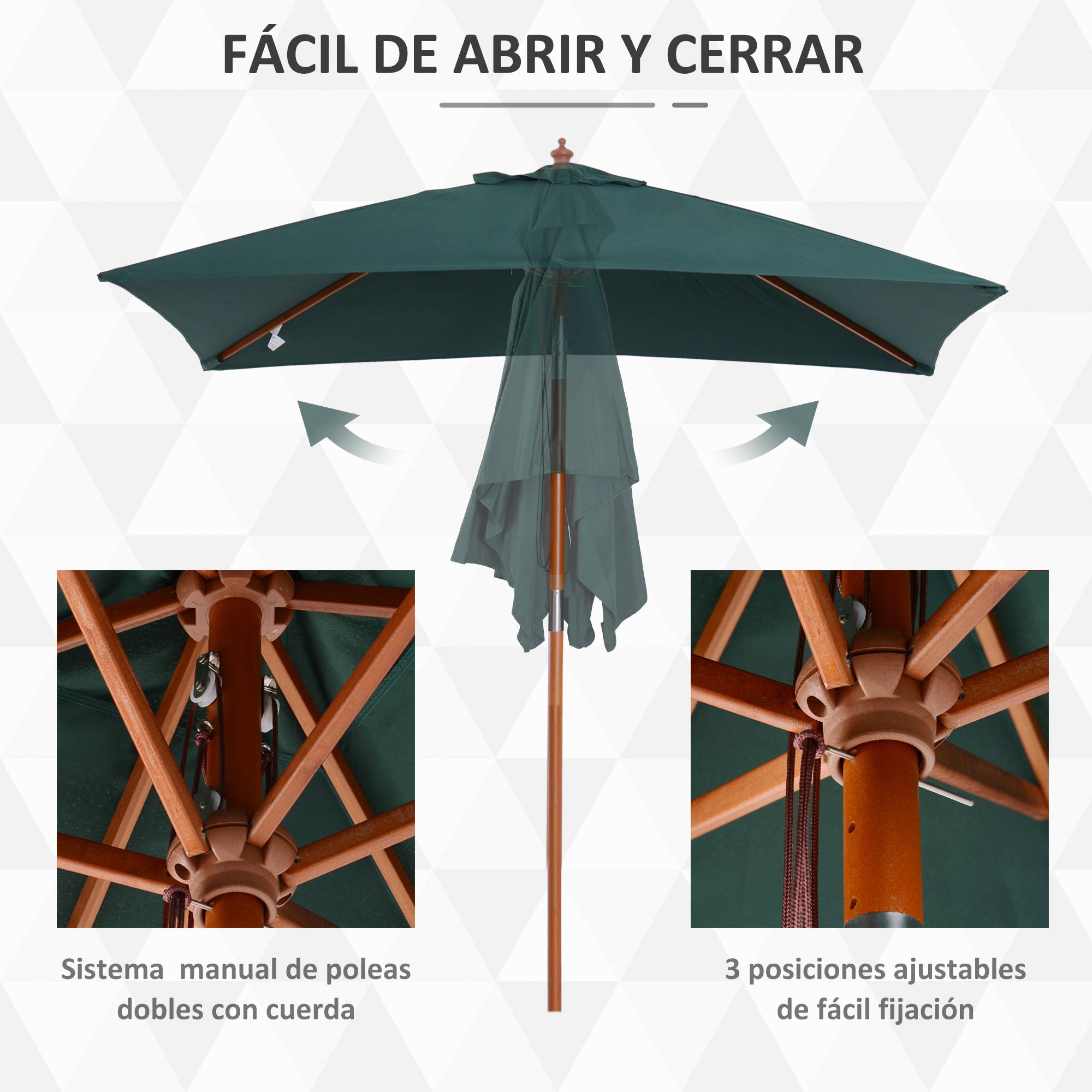 Parasol de terrasse rectangulaire 200 x 150 cm avec mât en bois à angle réglable et manivelle, vert, idéal pour patio et terrasse. - Image 8