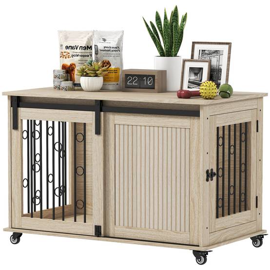 Table d'appoint moderne pour chiens moyens et grands, avec 2 portes et loquet, 100 x 56 x 65 cm, chêne - Image 1
