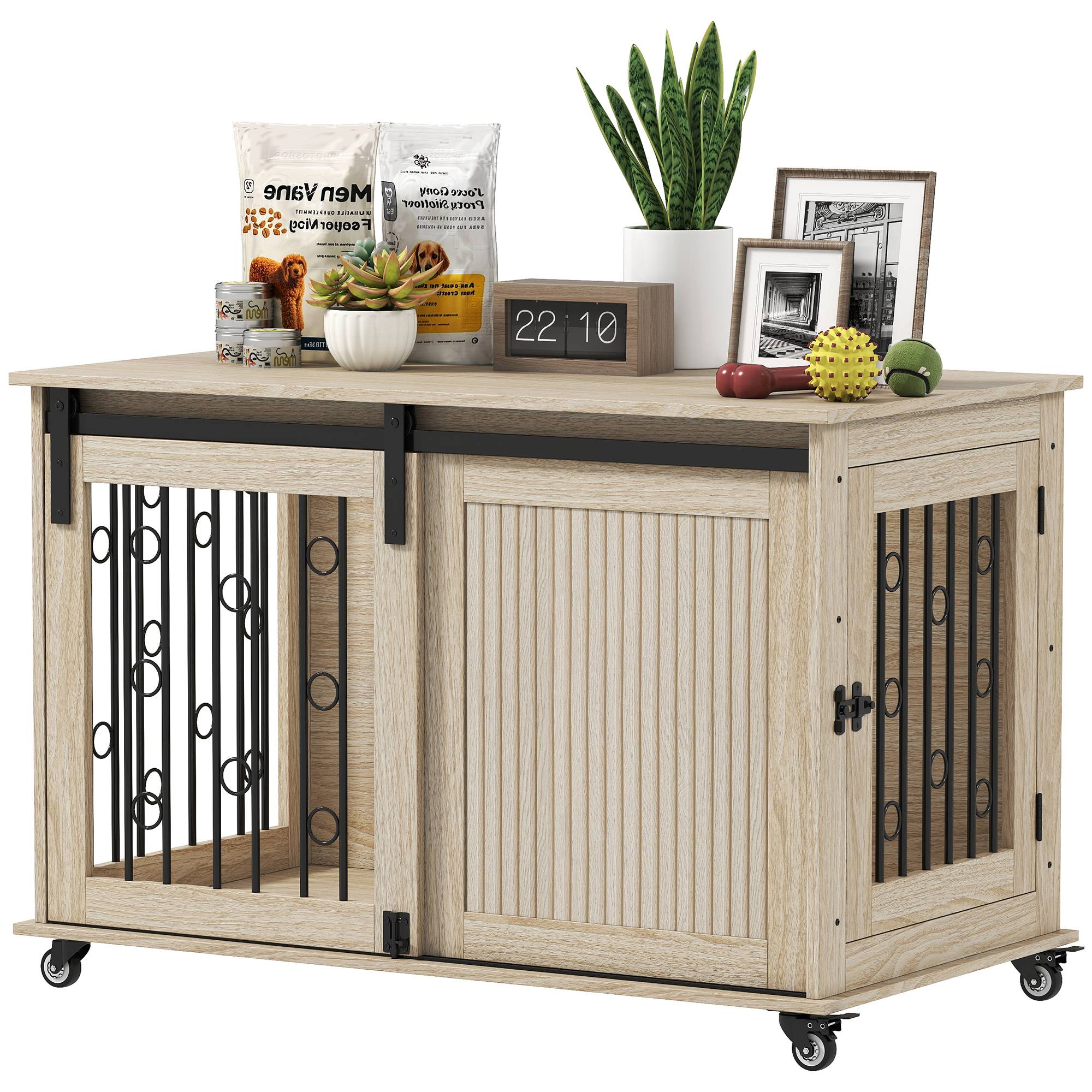 Table d'appoint moderne pour chiens moyens et grands, avec 2 portes et loquet, 100 x 56 x 65 cm, chêne - Image 1