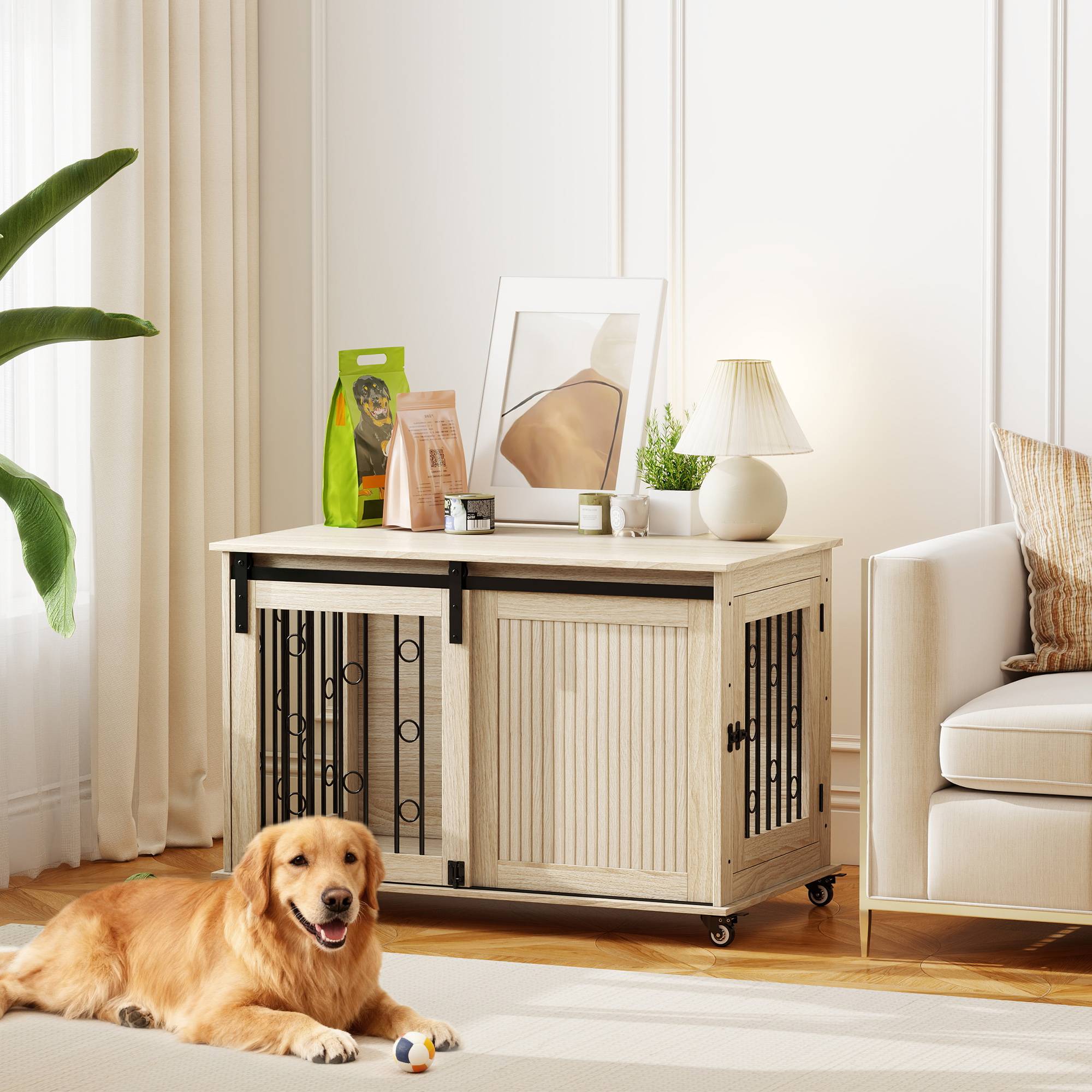 Table d'appoint moderne pour chiens moyens et grands, avec 2 portes et loquet, 100 x 56 x 65 cm, chêne - Image 3