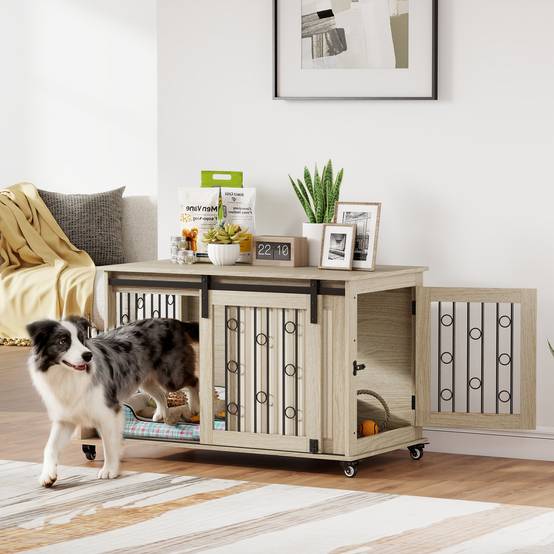 Table d'appoint moderne pour chiens moyens et grands, avec 2 portes et loquet, 100 x 56 x 65 cm, chêne - Image 4