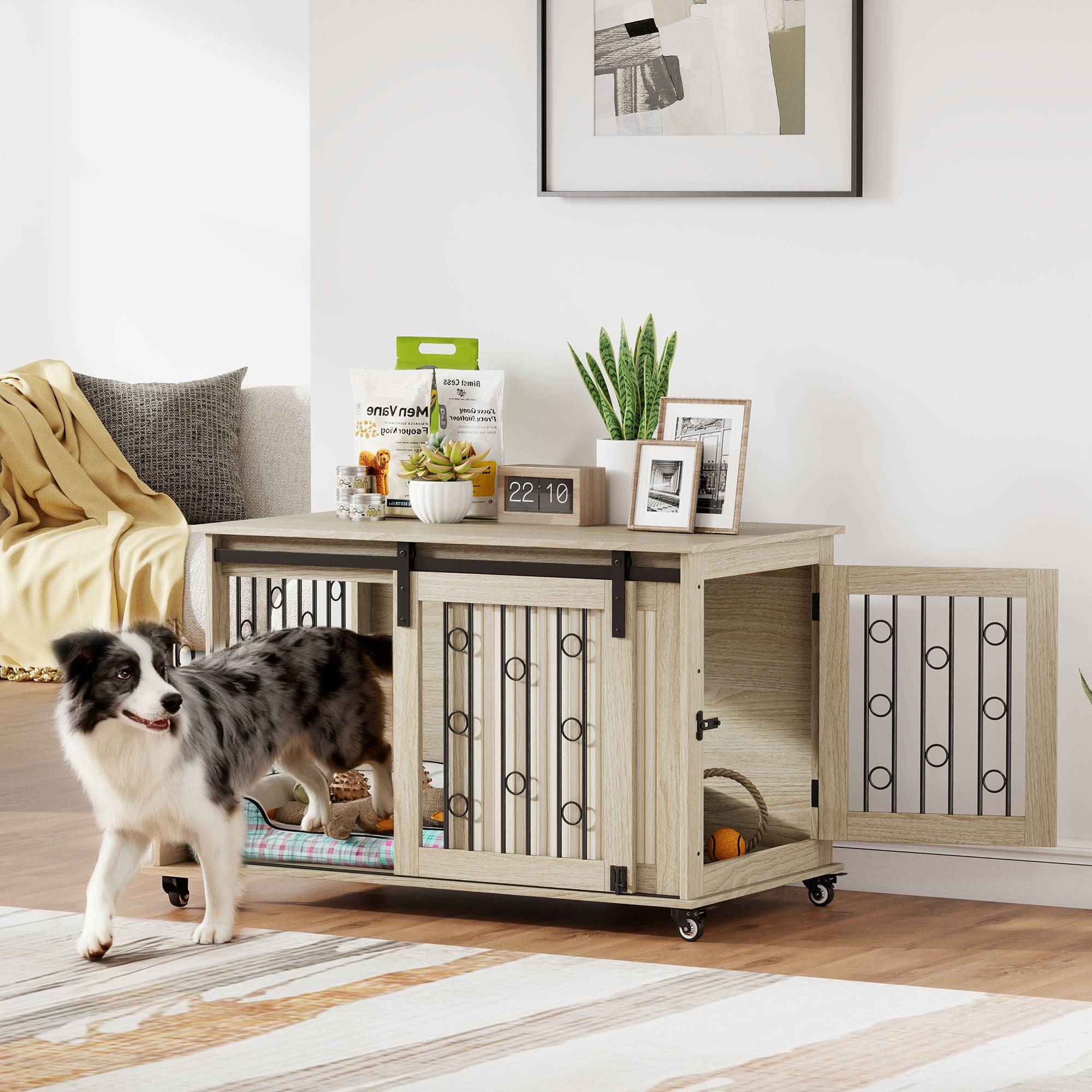 Table d'appoint moderne pour chiens moyens et grands, avec 2 portes et loquet, 100 x 56 x 65 cm, chêne - Image 4