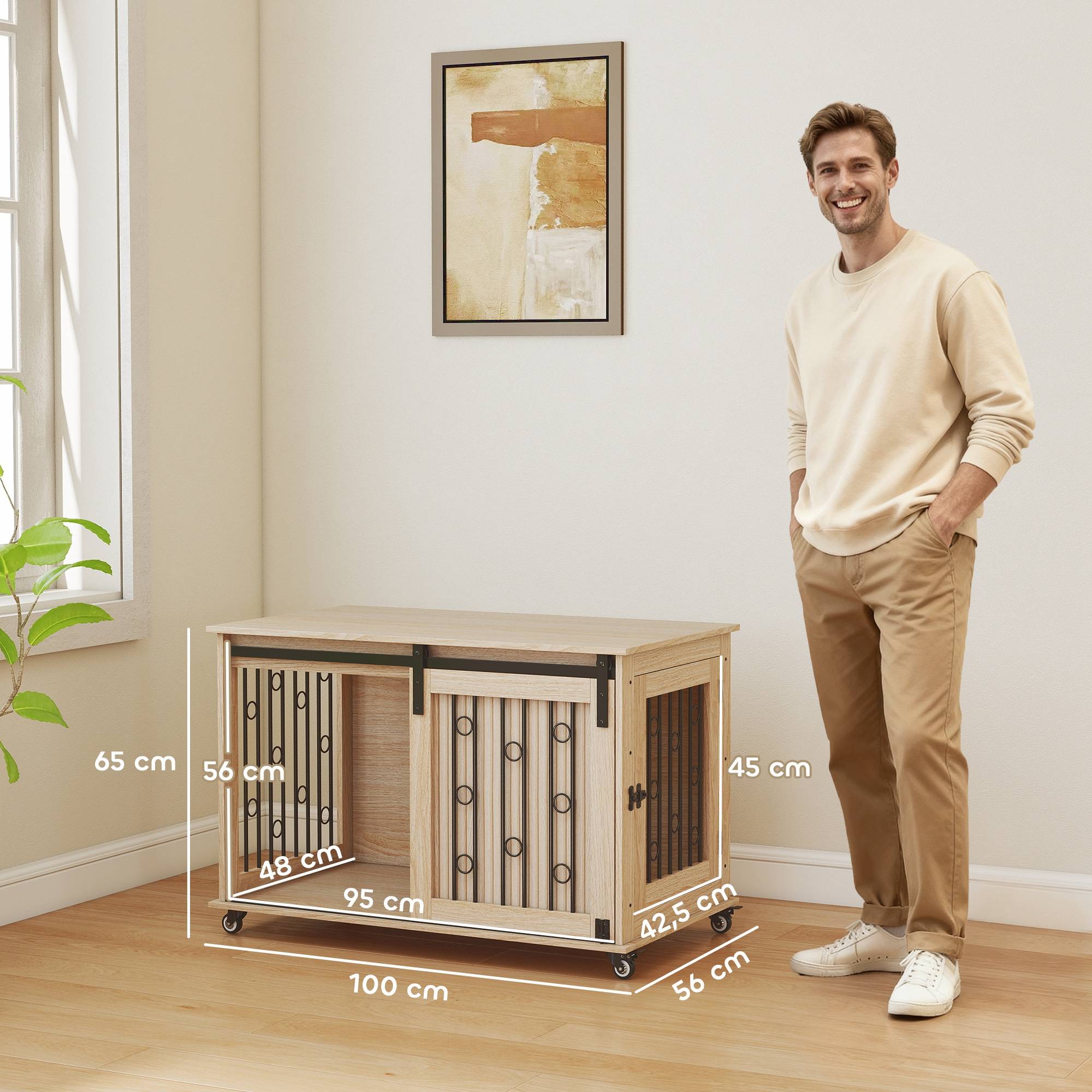 Table d'appoint moderne pour chiens moyens et grands, avec 2 portes et loquet, 100 x 56 x 65 cm, chêne - Image 5