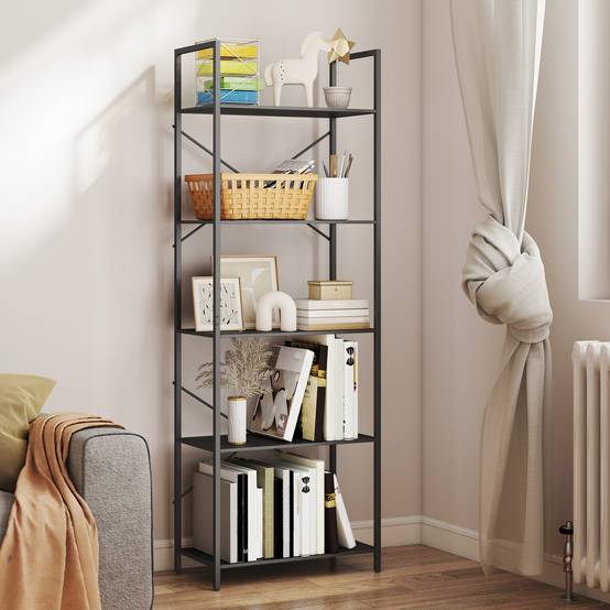 Étagère à livres autoportante 5 niveaux style industriel 60x30x170,5 cm, structure métallique, rangement ouvert, noire - Image 4