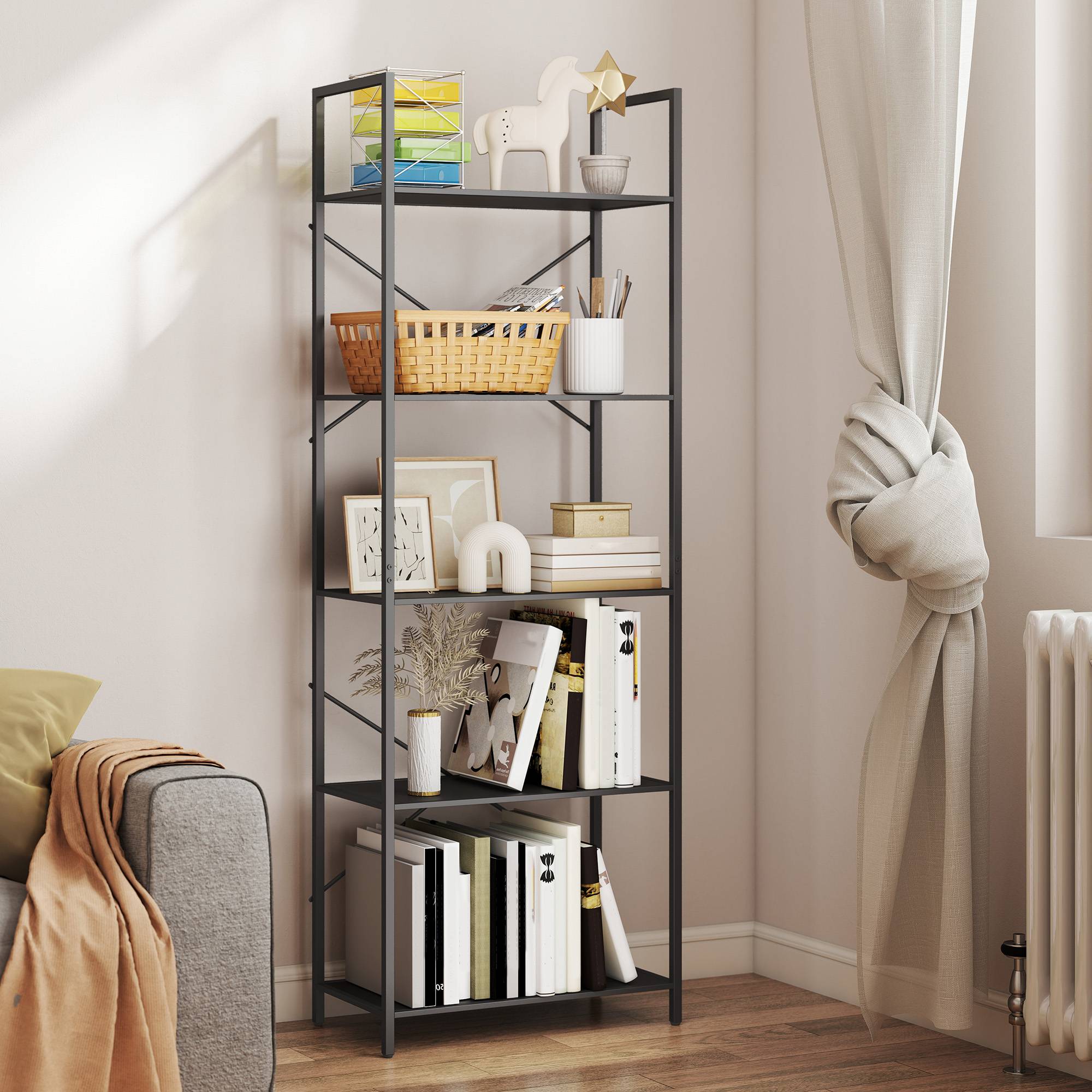 Étagère à livres autoportante 5 niveaux style industriel 60x30x170,5 cm, structure métallique, rangement ouvert, noire - Image 4