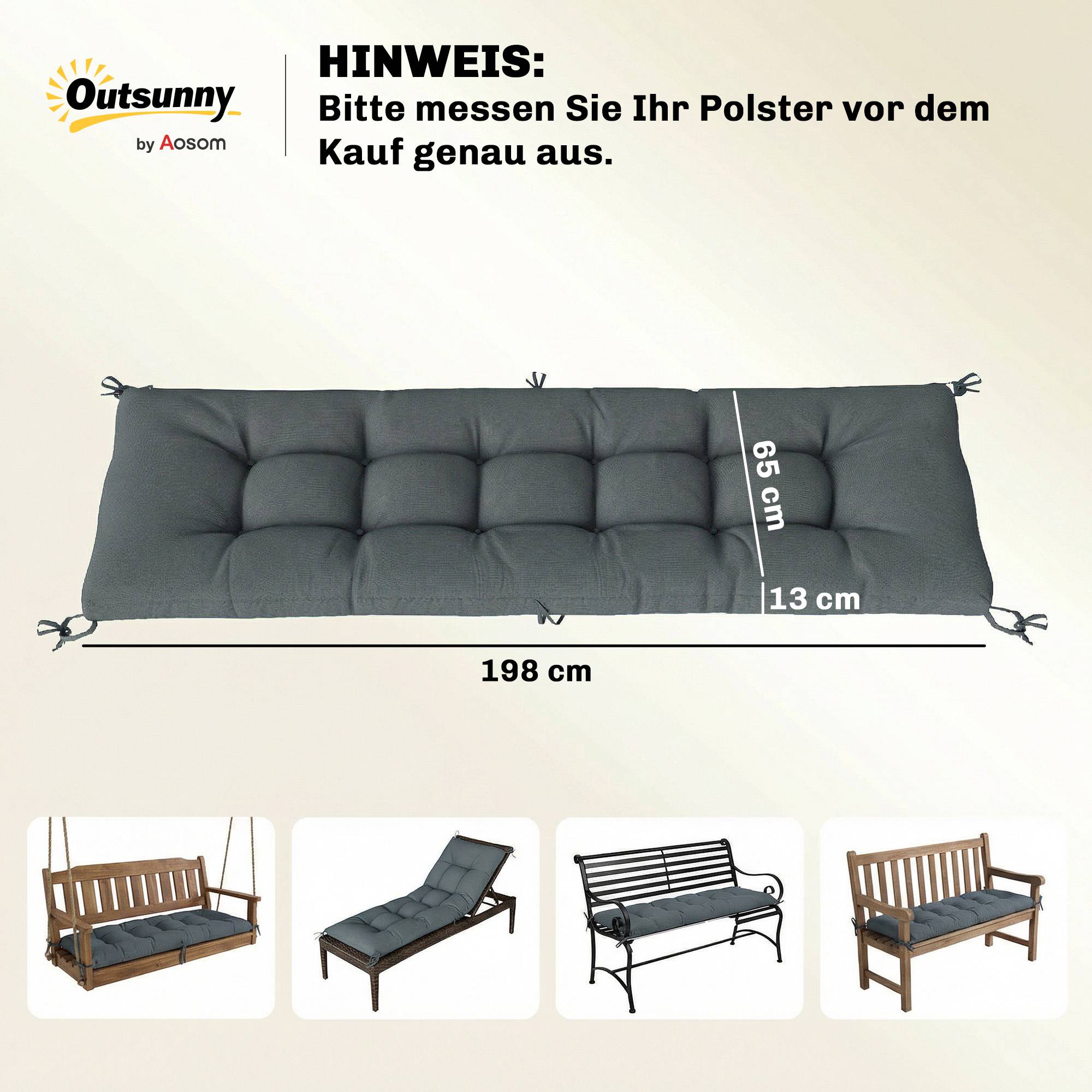 Coussin de palette amovible avec sangles de fixation, compatible avec la plupart des chaises longues, 198 x 65 x 13 cm, gris foncé - Image 5
